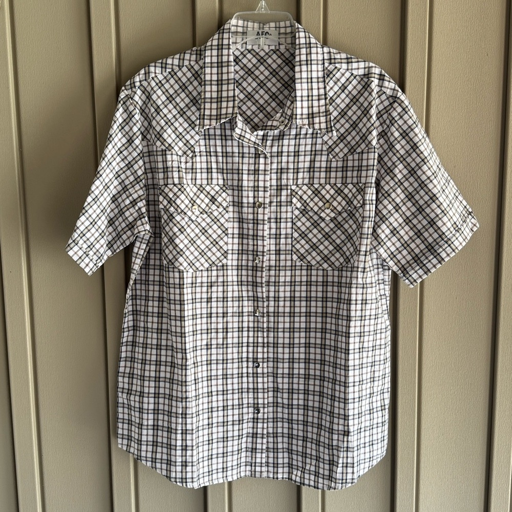American Farm Co. Brown & White Plaid Button-Down Short Sleeve Shirt size Large